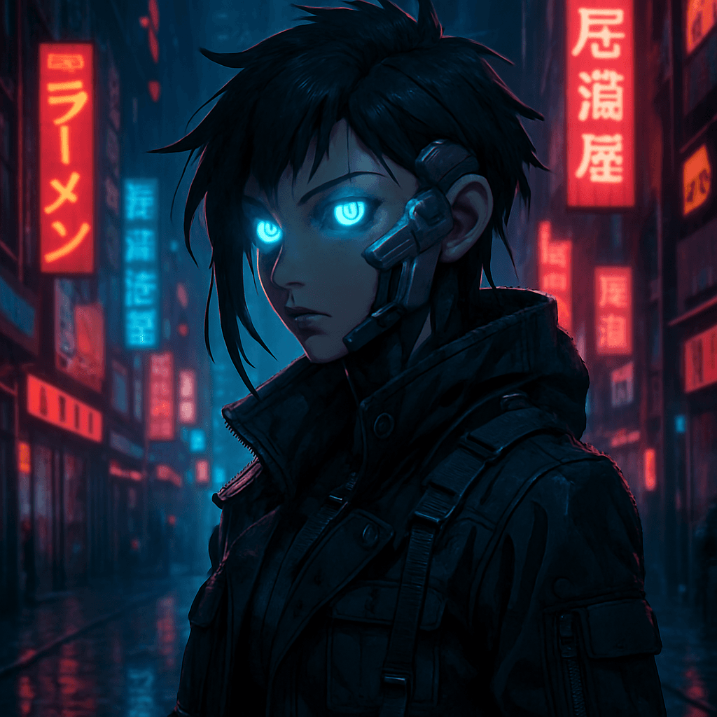 A cyberpunk anime AI avatar generated by MiniFigureAI — neon-lit portrait with chrome implants, dark tactical jacket, and rain-soaked city in the background