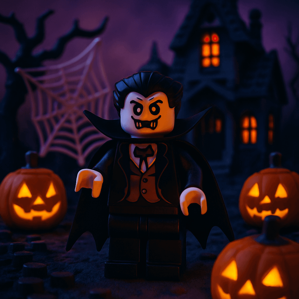 A Halloween AI avatar generated by MiniFigureAI — a spooky LEGO minifigure surrounded by jack-o-lanterns, cobwebs, and a haunted house background