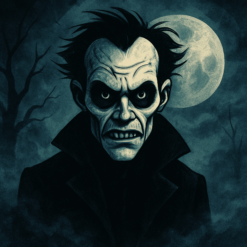 Horror Villain AI avatar — cinematic dark portrait with desaturated tones, dramatic shadows, and horror movie poster atmosphere