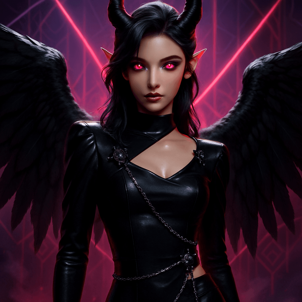 K-Pop Demon AI avatar — dark wings, glowing eyes, gothic stage lighting with purple and red lasers
