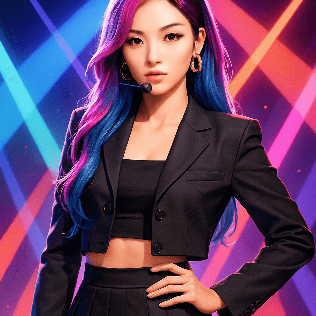 A K-Pop idol AI avatar generated by MiniFigureAI — polished high-gloss portrait with styled hair, fashionable outfit, and stage lighting
