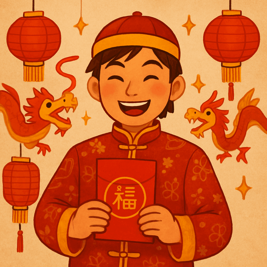 A festive Lunar New Year AI avatar generated by MiniFigureAI — red and gold attire with paper dragons, hanging lanterns, firecrackers, and lucky red envelopes