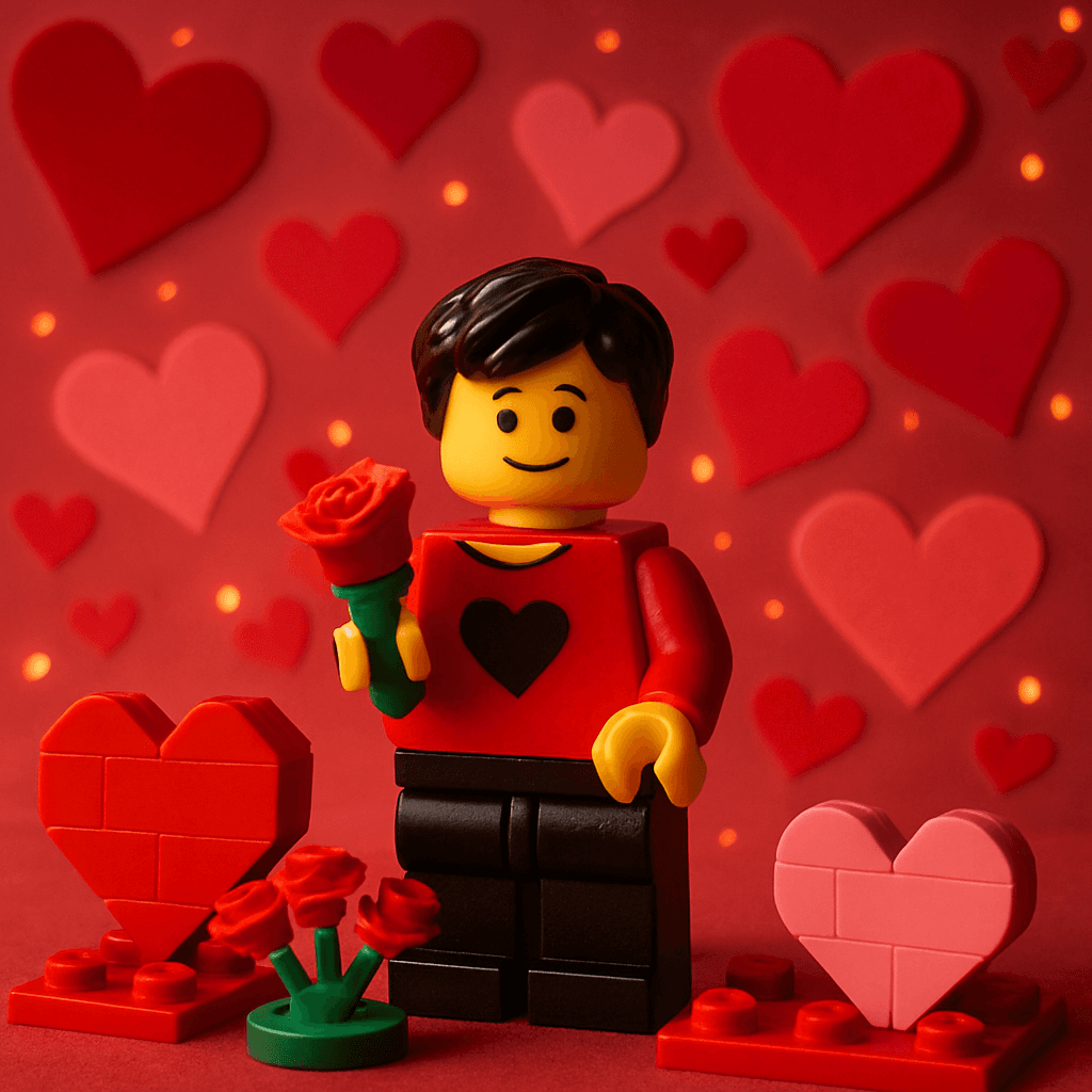 A romantic Valentine's Day AI couple avatar generated by MiniFigureAI — hearts, roses, and dreamy warm lighting