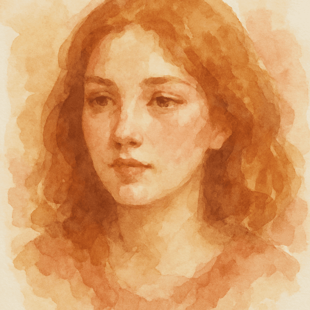 A soft hand-painted watercolor portrait generated by MiniFigureAI — translucent pigment layers, visible brushstrokes, and warm ochre and cerulean tones bleeding naturally across the paper