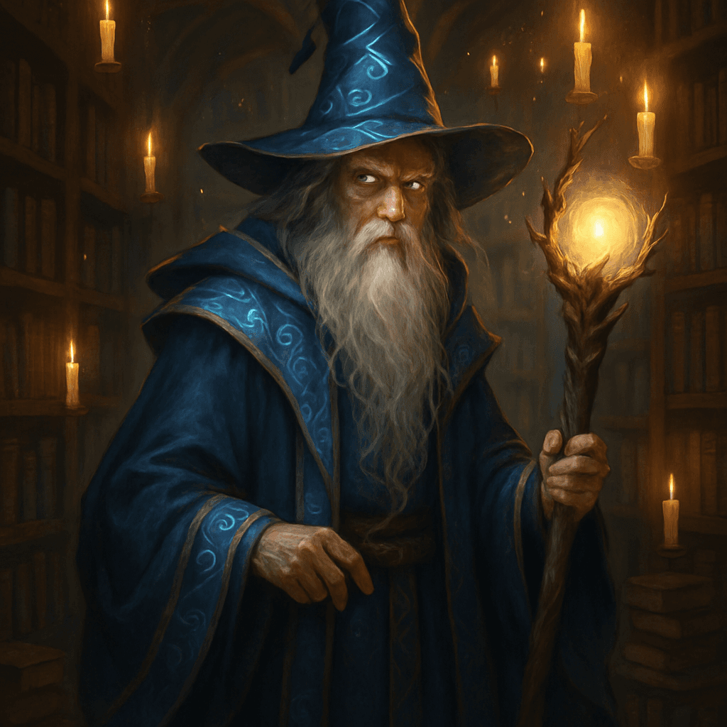 Wizard-style AI portrait with fantasy robes, staff, and magical effects, generated by MiniFigureAI